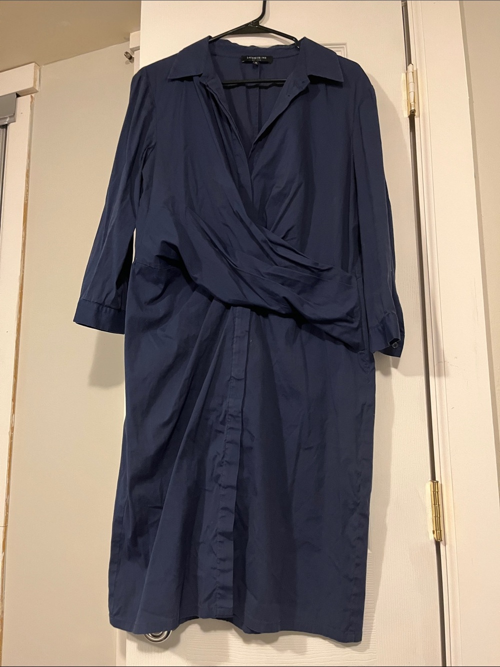 Lafayette 148 New York Navy Wrap-Front Midi Shirt Dress